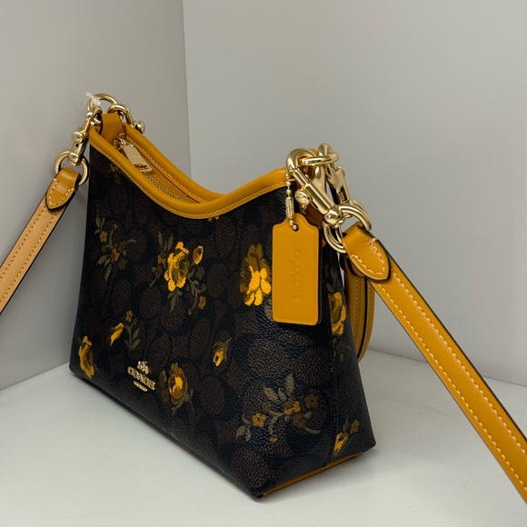 Coach Laurel Small Shoulder Bag Signature Canvas With Floral CCF17 Walnut/Yellow - Picture 4 of 11